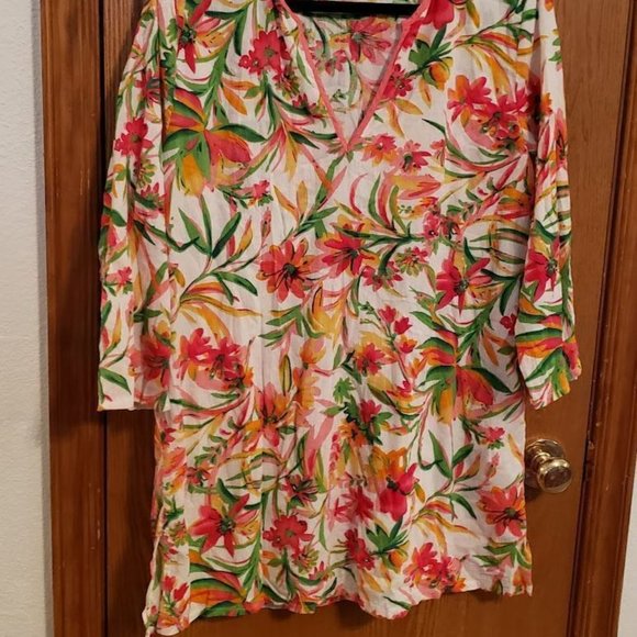 J. Crew XL Tunic Top White Yellow Pink Green Floral Beach Coverup Cott… - Picture 2 of 5